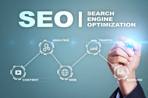 SEO arama motoru optimizasyonu, dijital pazarlama, iş internet teknoloji kavramı. — Stok fotoğraf