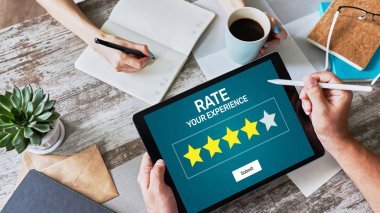 Rate customer experience review. Service and Customer satisfaction. Five Stars rating.