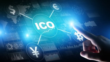 ICO - İlk madeni para teklifi, Fintech, finansal ve kripto para ticareti konsepti. İş ve teknoloji.