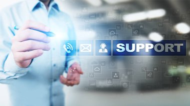 Sanal ekranda destek düğmesi. Müşteri hizmetleri ve iletişim konsepti.