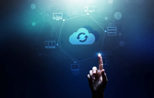 Tecnología Cloud Computación Almacenamiento Datos Concepto Internet Redes Pantalla Virtual — Foto de Stock