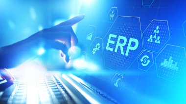 ERP - Sanal ekran üzerinde Atılgan kaynak planlaması işi ve modern teknoloji kavramı.