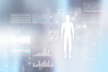 Doktor tıbbi kayıt diyagram üzerinde sanal ekran konsepti ile modern bilgisayar kullanarak. Sağlık izleme uygulaması.