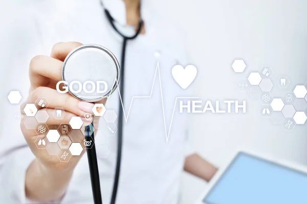 Good Health Check Medical Doctor Using Modern Virtual Screen Computer — Stock Photo, Image