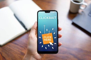 Clickbait, reklam, cep telefonu ekran spam simgeler. Internet ve iş kavramı.