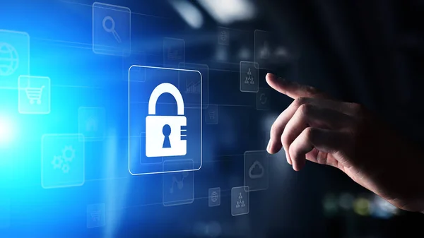 Veiligheid van de cyberruimte, de bescherming van de persoonlijke gegevens, privacy gegevens. Hangslotpictogram op virtueel scherm. technologie concept. — Stockfoto