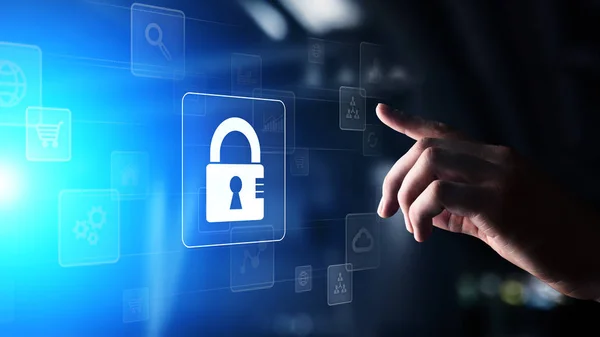 Ciberseguridad, protección de datos personales, privacidad de la información. Icono de candado en la pantalla virtual. concepto de tecnología . — Foto de Stock