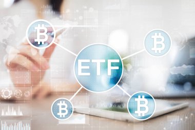 Bitcoin Etf, fon ve cryptocurrencies kavramı sanal ekran üzerinde döviz ticareti.