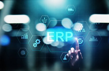 ERP - Sanal ekran üzerinde Atılgan kaynak planlaması işi ve modern teknoloji kavramı.