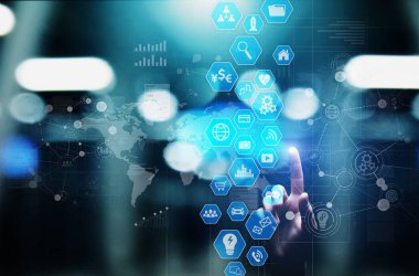 Karar destek sistemi, veri analiz Pano ile simgeler harita ve diyagram üzerinde sanal ekran.