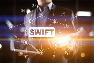 Swift, toplum için dünya çapında Interbank mali telekomünikasyon, online ödeme ve mali yönetmelik kavramı.