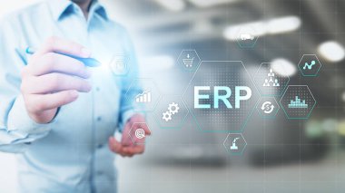 ERP - Sanal ekran üzerinde Atılgan kaynak planlaması işi ve modern teknoloji kavramı.