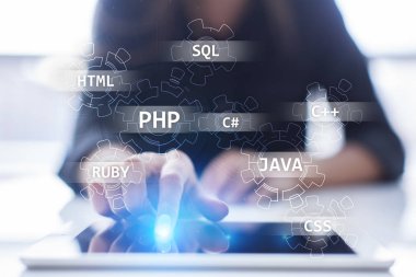 Web geliştirme araçları kavramı sanal ekran üzerinde. Programlama dili ve komut dosyaları. Php, Sql, Html, Java ve diğerleri.