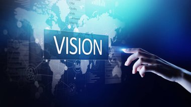 Sanal ekranda vizyon, iş zekası ve strateji kavramı.