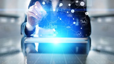 Karma ortam. İş örgütsel yapısı işlem simgeleri ile sanal ekran üzerinde.