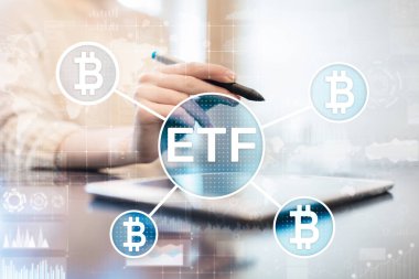 Bitcoin Etf, fon ve cryptocurrencies kavramı sanal ekran üzerinde döviz ticareti.