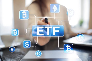 Bitcoin Etf. Döviz ticareti fon ve cryptocurrency kavramı sanal ekran üzerinde.