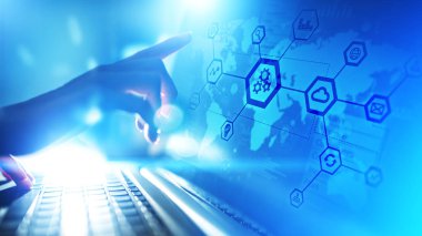 Otomasyon ve akıllı sanayi 4.0, şeylerin çok Internet, dişliler ve sanal ekran sistemi yapısı.