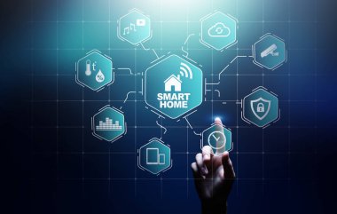 Sanal ekrandaki akıllı ev kontrol paneli. IOT ve Otomasyon teknolojisi kavramı.