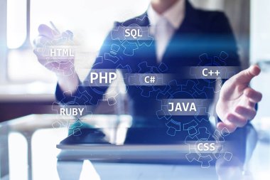 Web geliştirme araçları kavramı sanal ekran üzerinde. Programlama dili ve komut dosyaları. Php, Sql, Html, Java ve diğerleri.