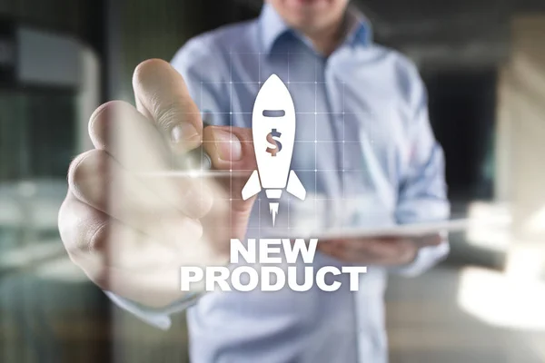 New product rocket launch button on virtual screen. Business development, Marketing and Advertising concept.