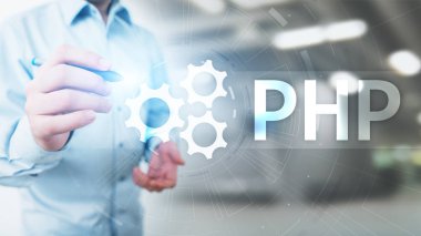 PHP Web Geliştirme ve sanal ekranda internet ve teknoloji kodlama kavramı.