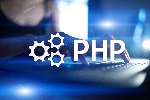 PHP, conceito de desenvolvimento web na tela virtual . — Fotografia de Stock