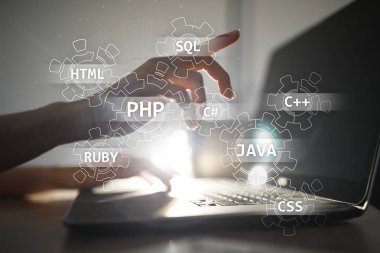 Web geliştirme araçları kavramı sanal ekran üzerinde. Programlama dili ve komut dosyaları. Php, Sql, Html, Java ve diğerleri.
