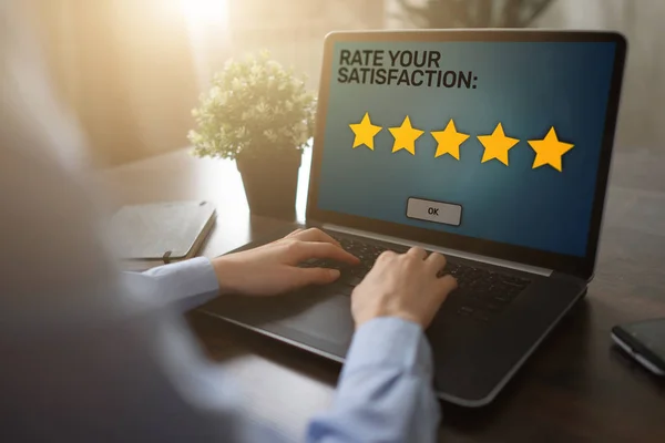 Rate your experience. Customer satisfaction review. Five star on device screen. Business Service quality control concept