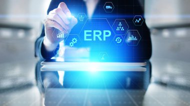 ERP - Sanal ekran üzerinde Atılgan kaynak planlaması işi ve modern teknoloji kavramı.