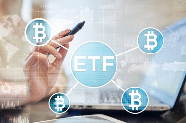 Bitcoin Etf, fon ve cryptocurrencies kavramı sanal ekran üzerinde döviz ticareti.
