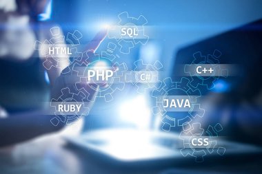 Web geliştirme araçları kavramı sanal ekran üzerinde. Programlama dili ve komut dosyaları. Php, Sql, Html, Java ve diğerleri.