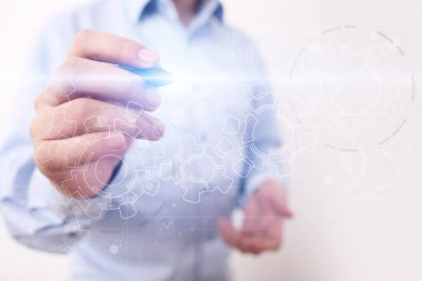 Sanal ekran üzerinde düşen vites diyagramı. İş süreci ve iş akışı Otomasyonu kavramı.