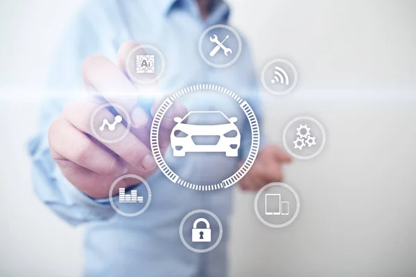 Intelligent car, AI vehicle, smart card. Symbol of the car and icon. Modern wireless communication and IOT concept. — Stock Photo, Image