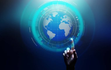 Dünya hologram gezegen dünya çapında iş Internet telekomünikasyon ve modern teknoloji kavramı sanal ekran üzerinde.