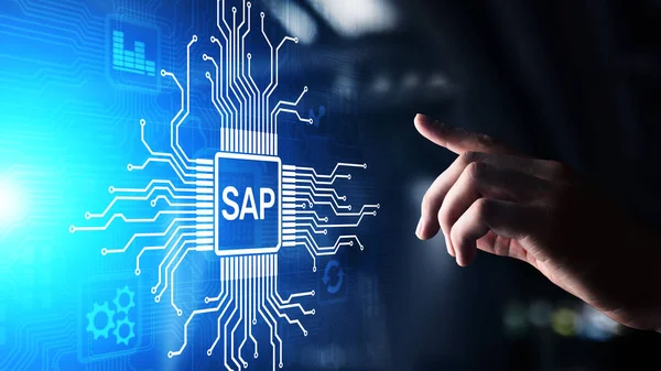 SAP - программное обеспечение для автоматизации бизнес-процессов. Концепция системы планирования ресурсов предприятия ERP на виртуальном экране. — стоковое фото