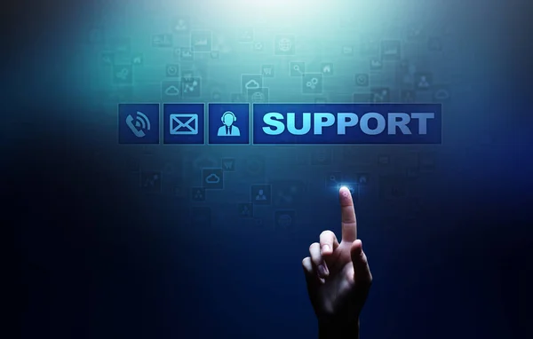 Támogató gomb a virtuális képernyőn. Ügyfélszolgálati és kommunikációs koncepció. — Stock Fotó