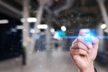 Sanal ekran Sanayi ve iş organizasyon yapısı arka plan. Modern teknoloji ve internet kavramı. Çok.