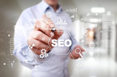 SEO arama motoru optimizasyonu, dijital pazarlama, iş internet teknoloji kavramı.