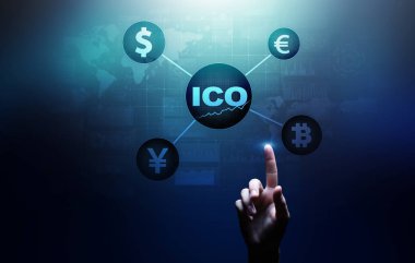 ICO - Sanal ekranda ilk madeni para teklifi, Fintech, Mali ve kripto para ticareti kavramı.