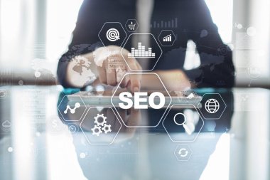 SEO arama motoru optimizasyonu, dijital pazarlama, iş internet teknoloji kavramı.