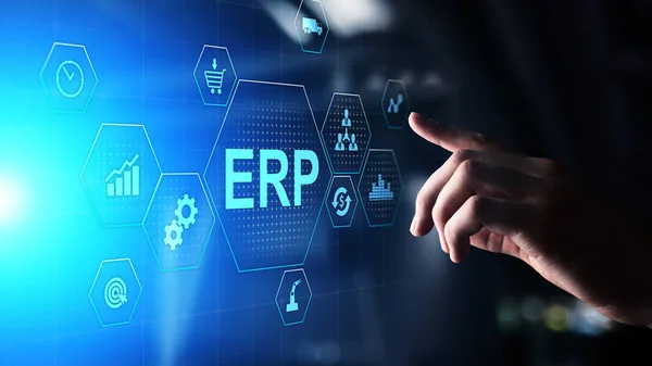 ERP - Biznes planowania zasobów i koncepcja nowoczesnych technologii na wirtualnym ekranie. — Zdjęcie stockowe