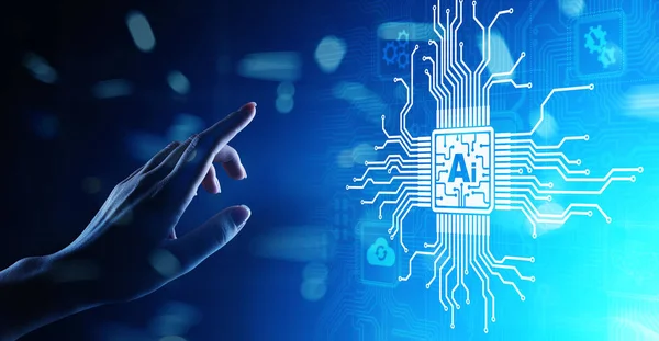 AI Artificiell intelligens, Maskininlärning, Big data analys och automatisering teknik i företag och industriell tillverkning koncept på virtuell skärm. — Stockfoto