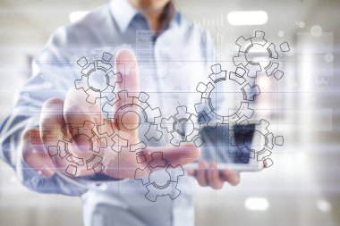 Gears'ı tekerlekli mekanizma tasarım çizim. Endüstriyel ve üretim, iş süreç otomasyonu kavramı.