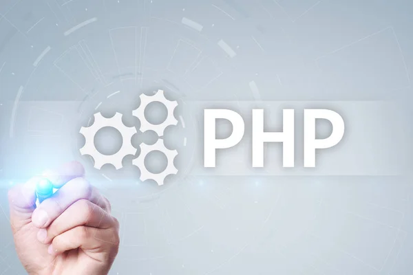 PHP, conceito de desenvolvimento web na tela virtual . — Fotografia de Stock