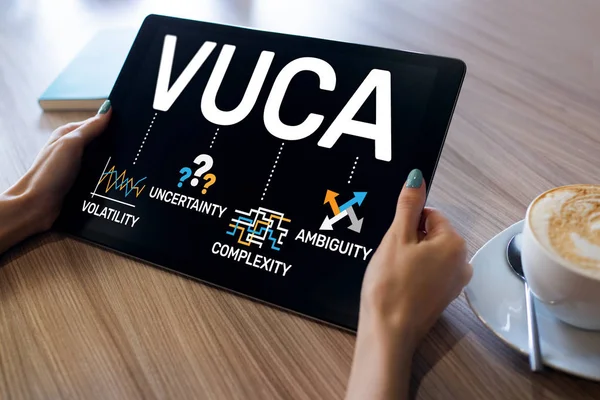 VUCA-Weltkonzept auf dem Bildschirm. Volatilität, Unsicherheit, Komplexität, Mehrdeutigkeit. — Stockfoto