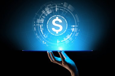 Sanal ekranda dolar simgeleri. Para birimleri Forex ticaret ve finans piyasası kavramı. Dijital bankacılık ve büyüme.