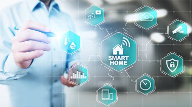 Sanal ekrandaki akıllı ev kontrol paneli. IOT ve Otomasyon teknolojisi kavramı.