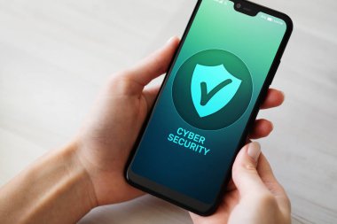 Cep telefonu cyber güvenlik bilgi Gizlilik ve veri koruma Internet teknoloji ve iş kavramı.