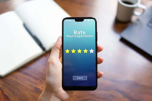 Rate your experience customer satisfaction review Five Stars on mobile phone screen. Business technology concept. — Stock Photo, Image